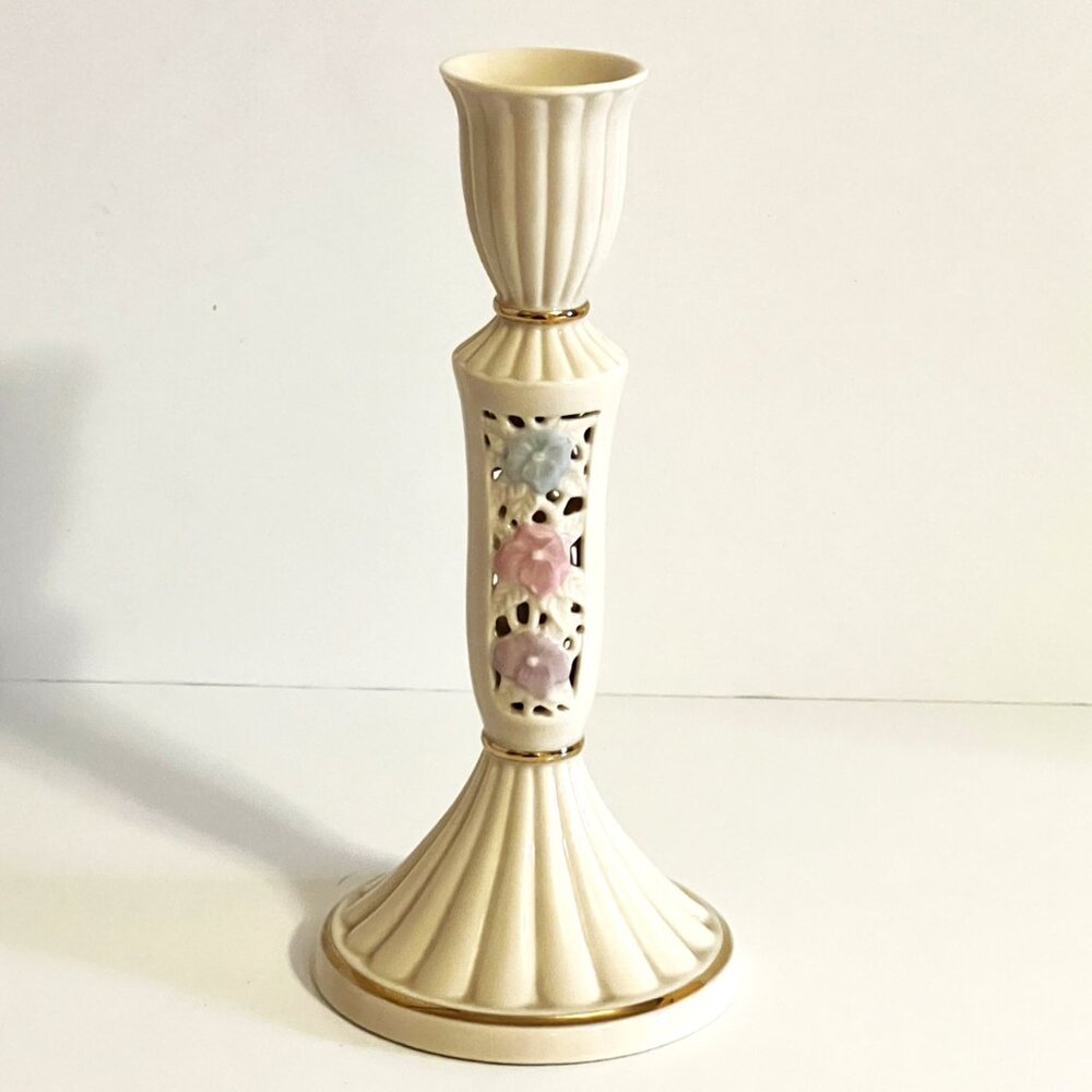 Spring Blossom Ceramic Taper Candle Holder PartyLite Pink Blue Lilac 8 1/4" tall